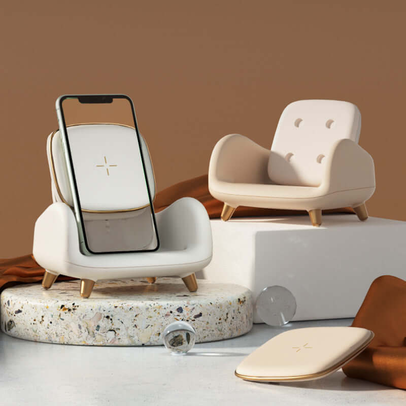 Wireless fast sofa chair charger in white featuring a smartphone charging on a stylish holder.